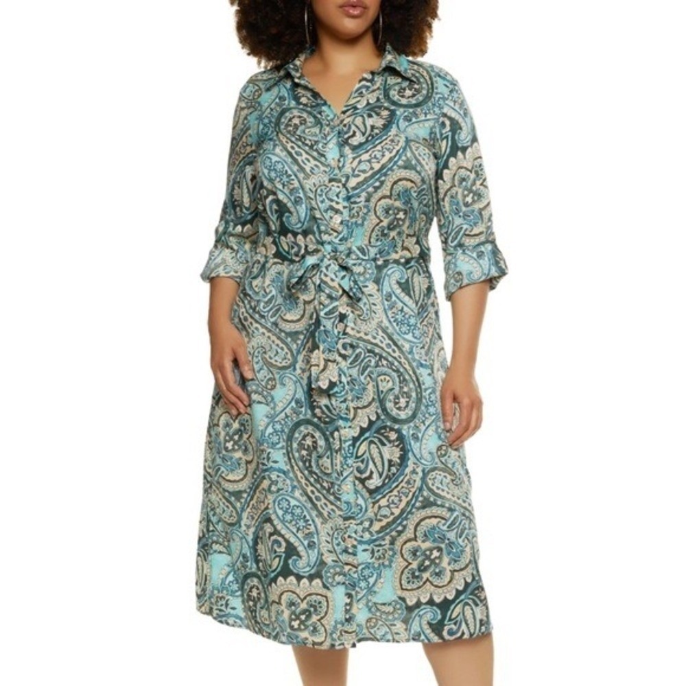 Mlle Gabrielle Paisley Aqua Teal/Tan Shirtdress W/ Tie Belt - S EUC